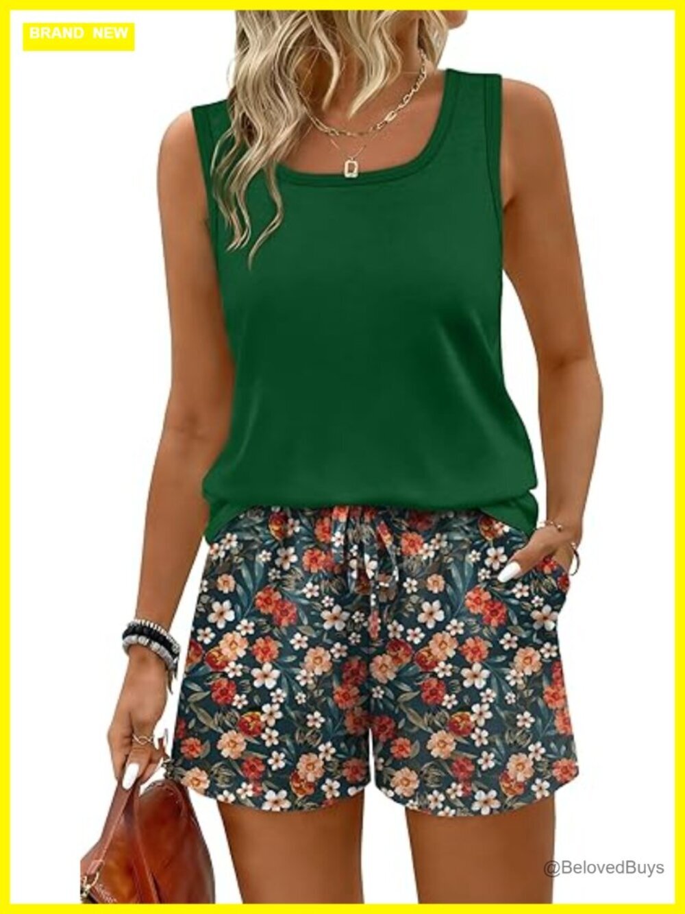 Two Piece Lounge Set with Pockets - Square Neck Tank & Shorts